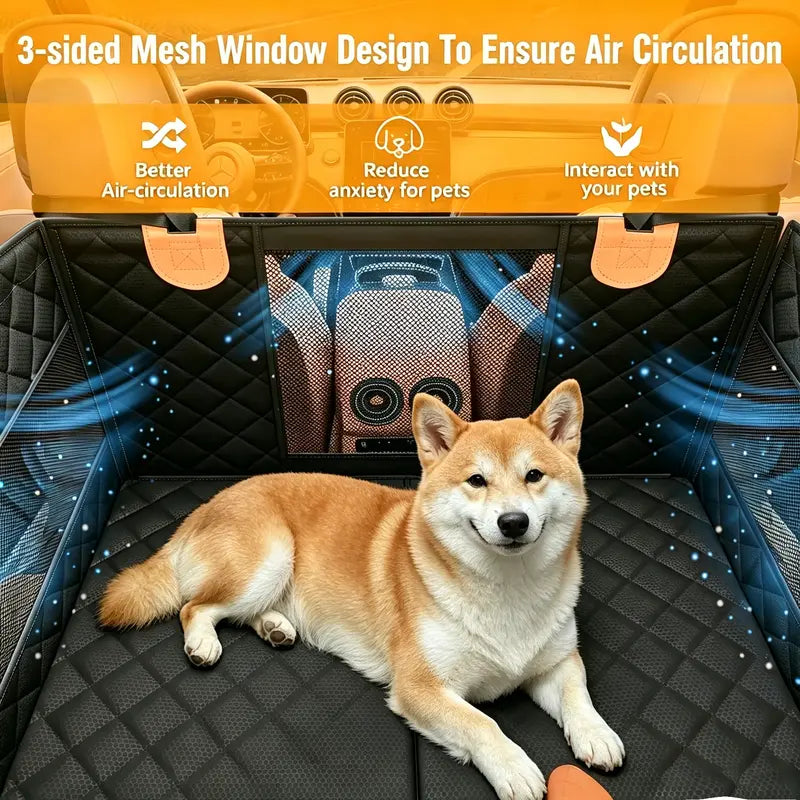 Large Dog Car Seat with 3 Mesh Windows - Waterproof, Stable, Ventilated, Quilted Pet Back Seat Extender with Hard Bottom, Practical Protection Cover for Cars, Trucks