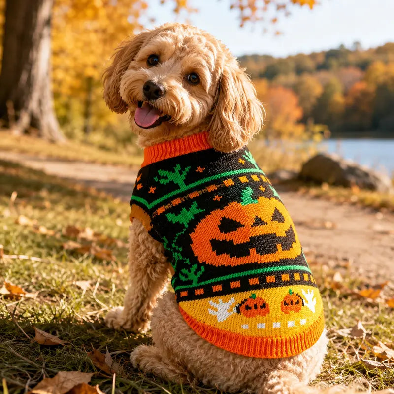 AUROTH Halloween Knitted Pet Sweater for Small/Medium Dogs & Cats, Cozy Fabric Outfit with Pumpkin Print & Ghost Pattern, Warmth Boost Fall Clothing
