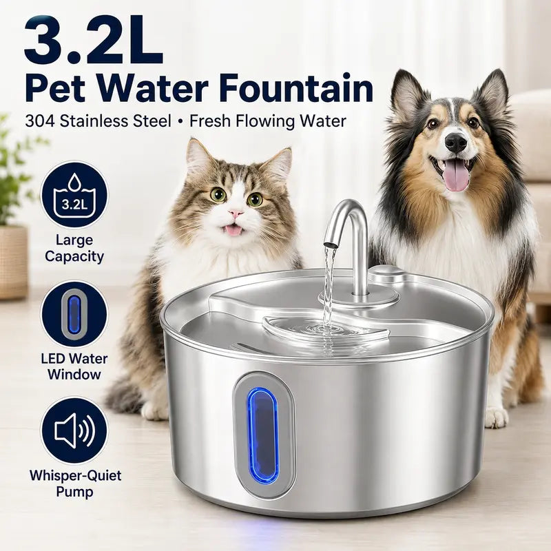3.2L Stainless Steel Pet Water Fountain for Cats & Dogs - Automatic Hydration Dispenser with LED Level Window, Ultra-Quiet Pump, 12 Filters, 12 Sponge Pads, Modern Home Decor Compatibility