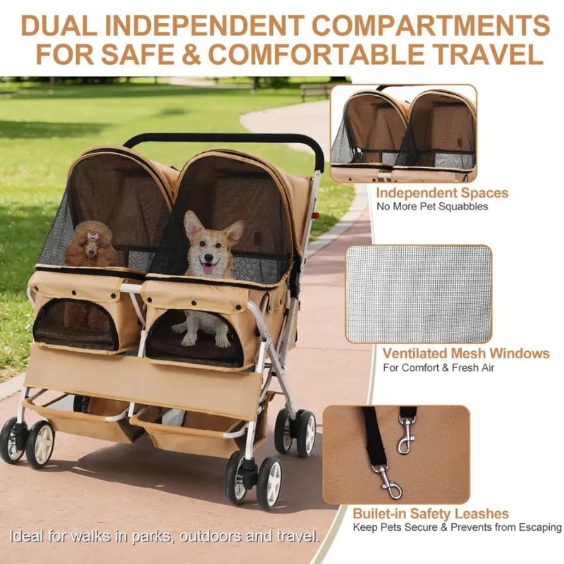 Side-By-Side Double Pet Stroller – Foldable Twin Dog & Cat Carrier with Safety Leashes, Mesh Windows, Dual Baskets, 44 Lb Capacity for Walks, Travel & Vet Visits