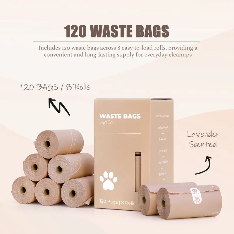 Bio-Based Dog Poop Bags, Silky Soft & Leak-Proof, Lavender-Scented, Made from Cornstarch – 8 Rolls, 120 Bags