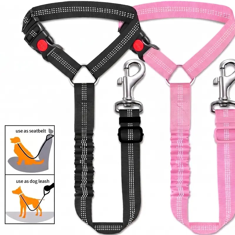 Dog Vehicle Safety Straps (2-Pack) - Nylon Fabric, Reflective Design, Elastic Shock-Absorbing, Adjustable Fit, Secure Fastening, Enhanced Night Visibility