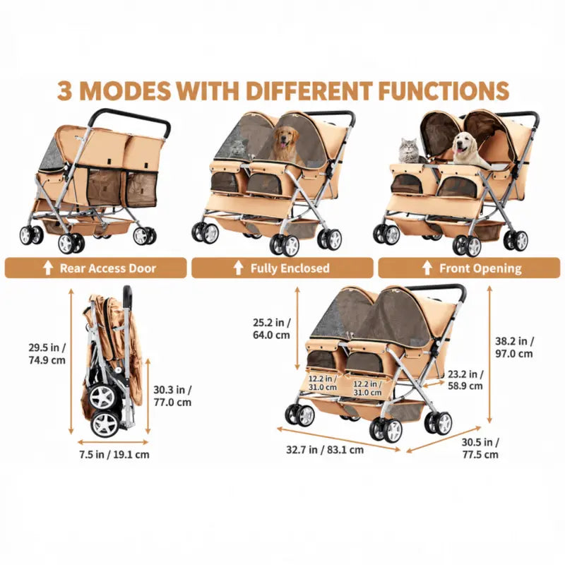 Side-By-Side Double Pet Stroller – Foldable Twin Dog & Cat Carrier with Safety Leashes, Mesh Windows, Dual Baskets, 44 Lb Capacity for Walks, Travel & Vet Visits