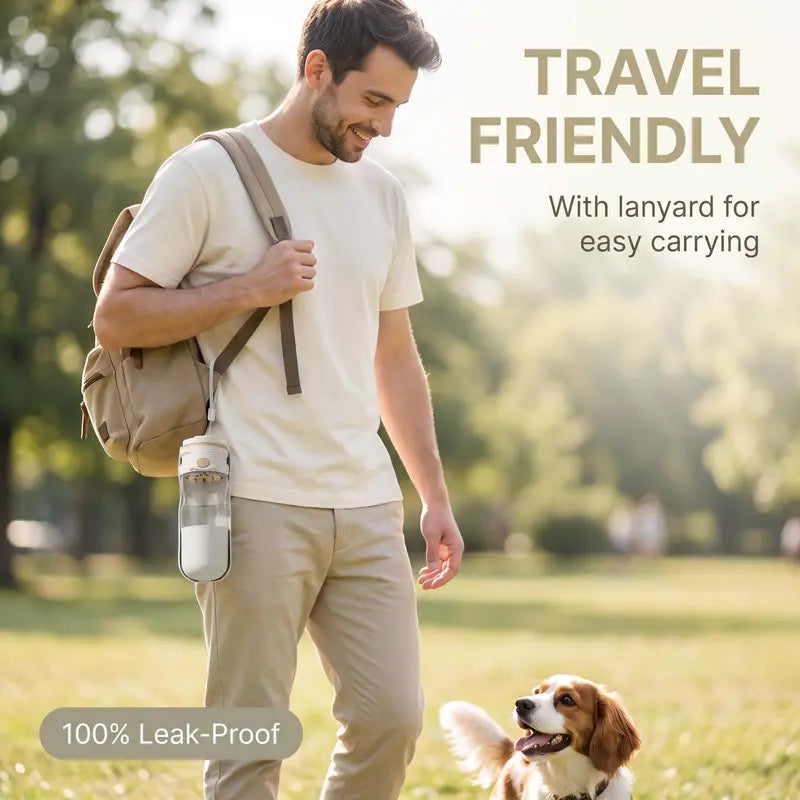 Portable Dog Travel Bottle with Food Storage, Leakproof Design, One-Touch Dispensing for Feeding and Hydration