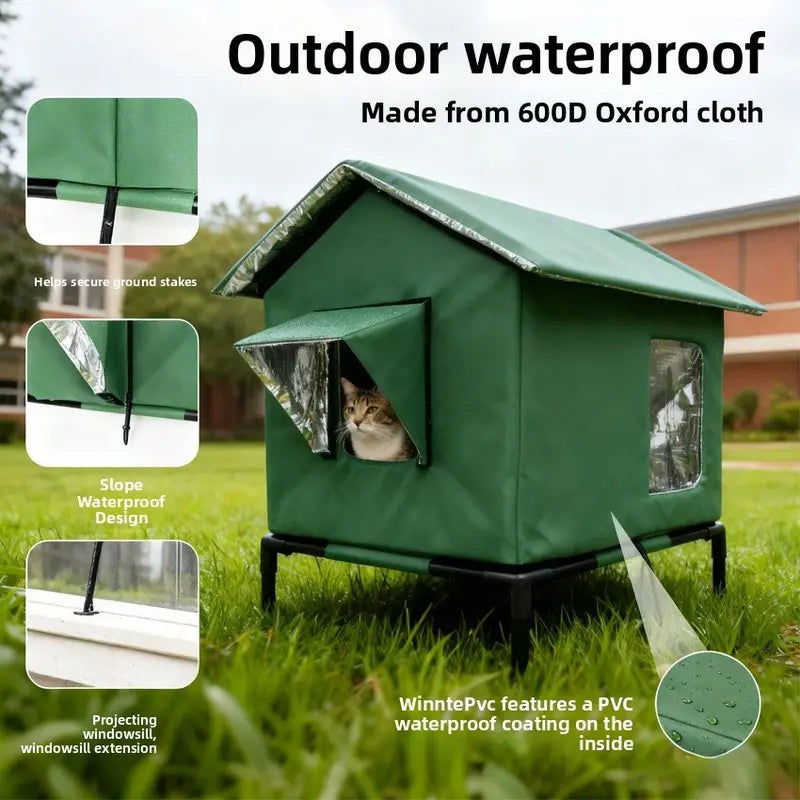 Elevated Waterproof Outdoor Cat House - Foldable Portable 4-Season Shelter for Stray Cats, Weatherproof Cat Villa