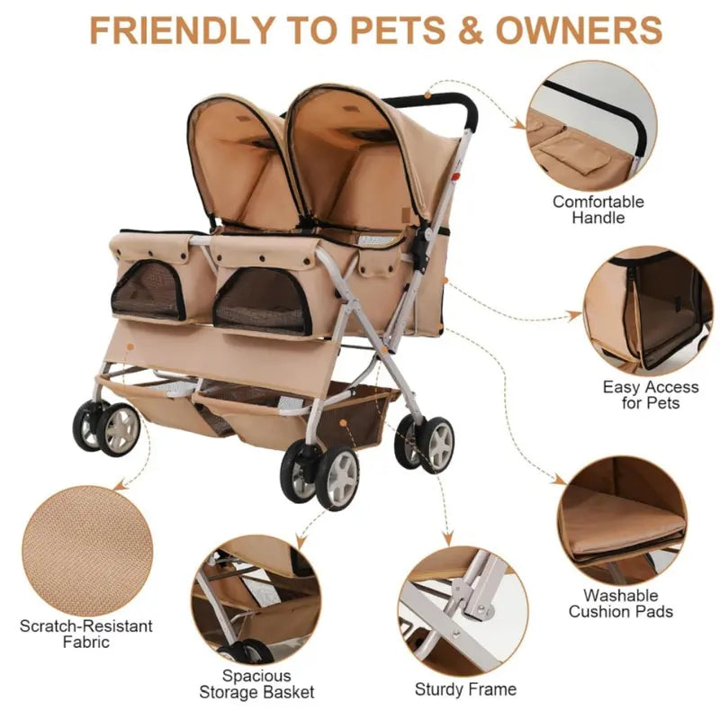 Side-By-Side Double Pet Stroller – Foldable Twin Dog & Cat Carrier with Safety Leashes, Mesh Windows, Dual Baskets, 44 Lb Capacity for Walks, Travel & Vet Visits