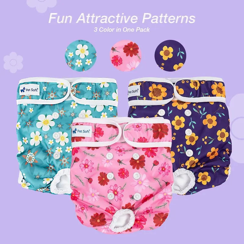 Dono 3-Pack Reusable Female Dog Diapers - 3-Pieces Machine Washable Pads Nappies, Eco-Friendly, Leak-Proof, Fast-Absorbing for Girl Dogs in Period Heat