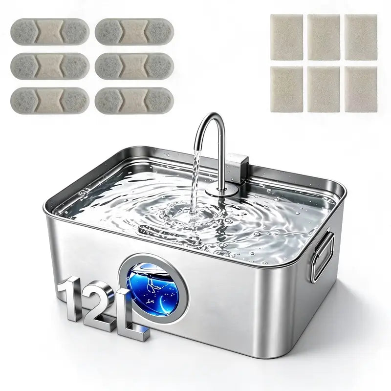 Sohochic 12L 304 SS Automatic Pet Water Fountain for Dogs & Cats, Large-Capacity Dispenser with LED Gauge, Quiet Pump, Multi-Pet Drinking Tray, Filter Set, with Filter Set