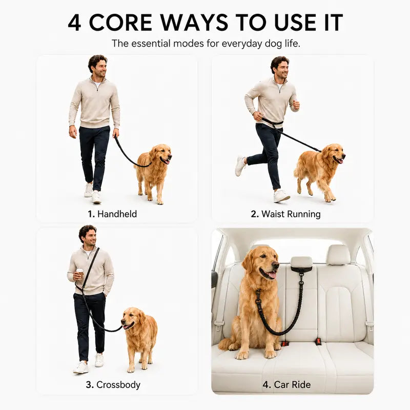 6-In-1 Hands-Free Bungee Dog Leash for Medium-Large Dogs - Nylon Webbing, Shock-Absorbing, Adjustable Waist & Crossbody Straps, Reflective Leashes for Walking, Car Rides, Bungee Leashes