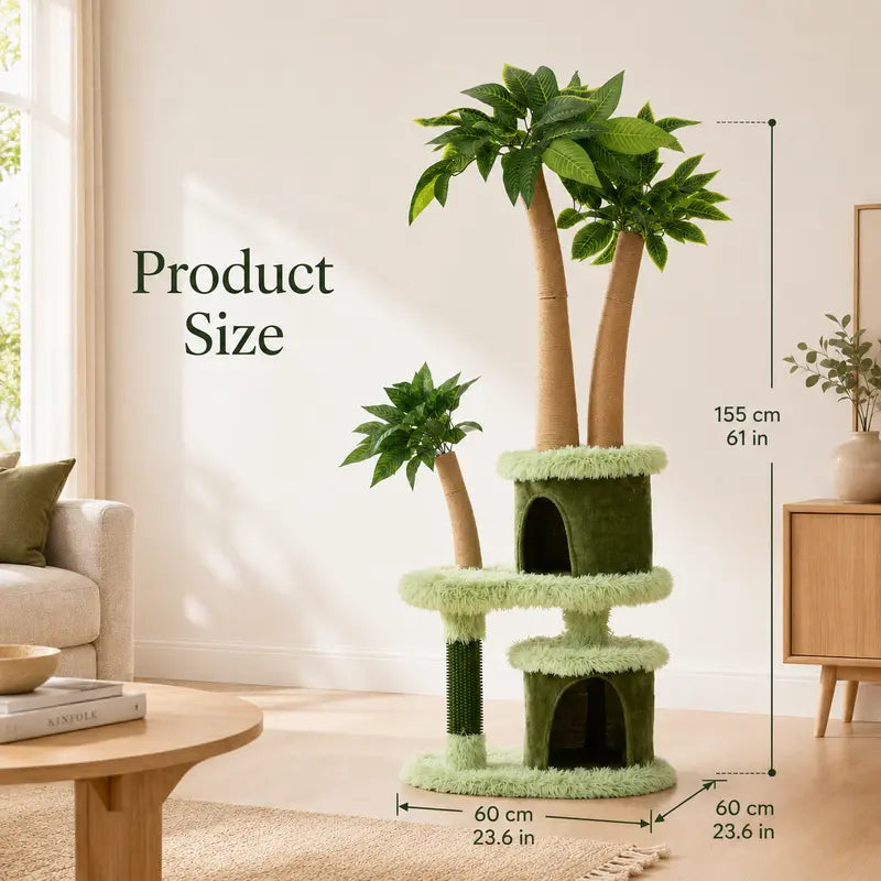 Heybly 43.3In Space-Saving Smoky Gray Cat Tree Condo Tower HCT004SG - Durable Sisal Rope Scratch Post, Padded Perch, Cozy Hammock, Toy-Included Indoor Cat Furniture