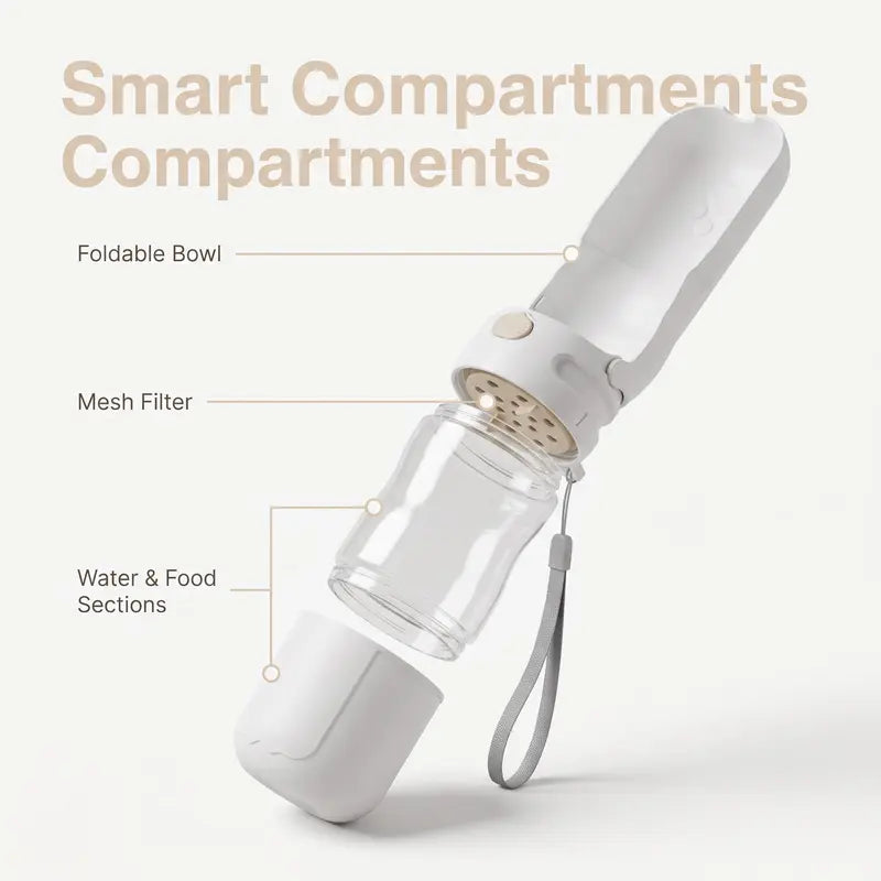 Portable Dog Travel Bottle with Food Storage, Leakproof Design, One-Touch Dispensing for Feeding and Hydration