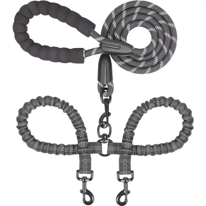 Double Dog Leash, 360° Swivel No Tangle Dual Leash for 2 Dogs, Heavy Duty Shock Absorbing Bungee Leashes with Comfortable Padded Handle & Reflective Stitching for Medium Large Dogs Walking Running Training, Black (25-150 Lbs)