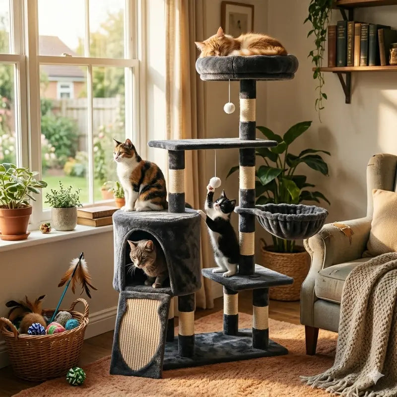 Heybly 43.3In Space-Saving Smoky Gray Cat Tree Condo Tower HCT004SG - Durable Sisal Rope Scratch Post, Padded Perch, Cozy Hammock, Toy-Included Indoor Cat Furniture