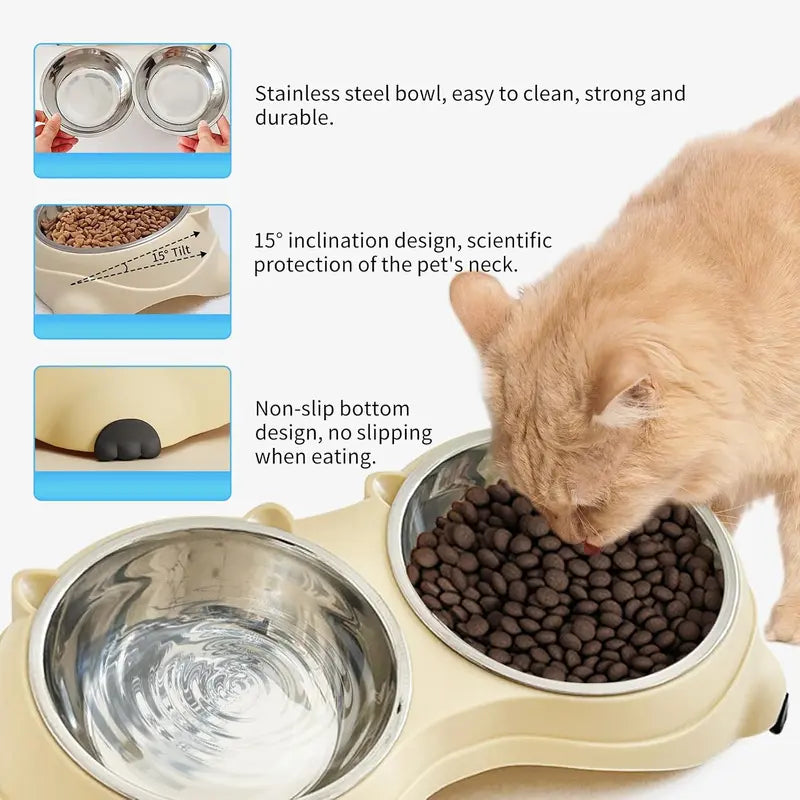 15° Tilted Raised Pet Feeding Set for Cats & Small Dogs, 2 Stainless Steel Containers, Non-Slip, Splash-Proof, Whisker-Friendly, Dishwasher Safe Indoor Recreation Gear