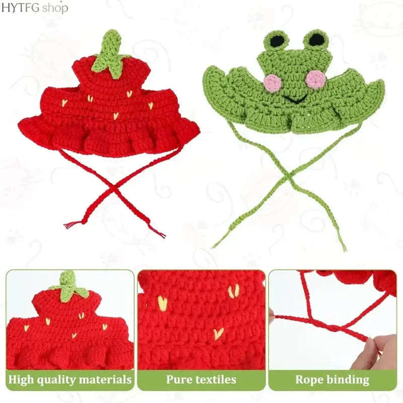4-Pack Frog-Themed Hand-Knitted Pet Hats, Lightweight Polyester Headwear with Adjustable Strap, Full-Coverage Easy-Wear Warm Accessories for Small Cats (Birthday, Holiday)