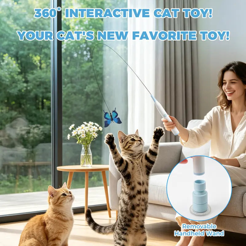 Automatic Interactive Butterfly Cat Teaser Toy,Usb Charging,360° Swivel Rotation,Detachable Handle, Dual-Purpose Design,Prevents Boredom for Indoor Cats Cat Toy Kitten Petlovers