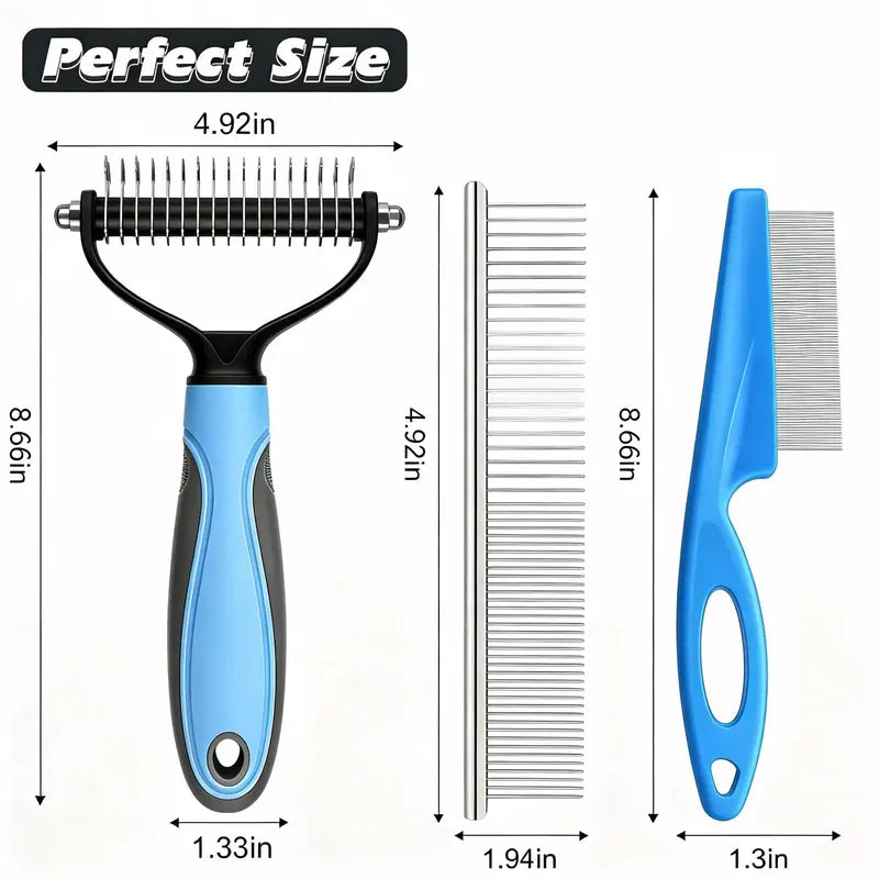 3-Piece Stainless Steel Grooming Comb Set for Dogs and Cats - Ergonomic Non-Slip Handle, Undercoat Rake, Fine-Toothed Face Comb, and Easy Detangling Brush for All Breeds