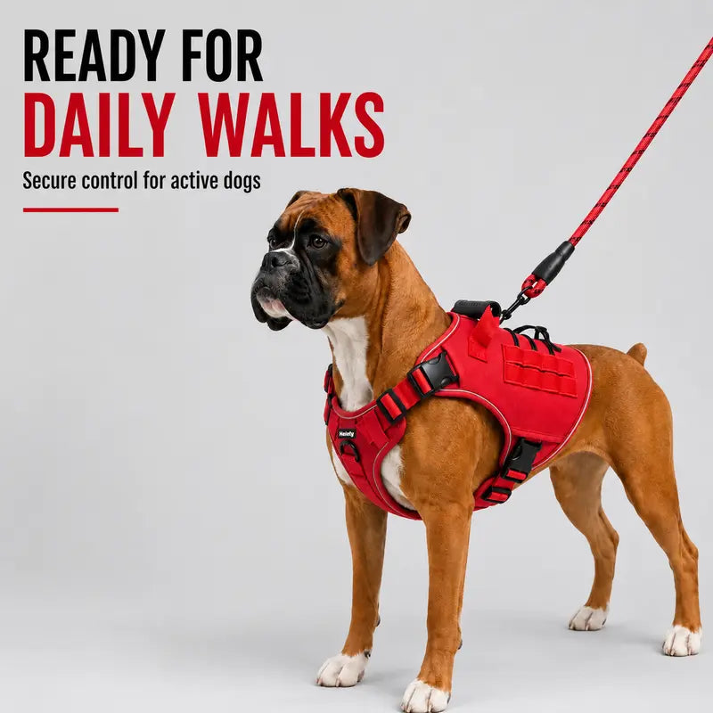 HELETY Dog 2-Piece Tactical Harness Set - No-Pull Reflective Adjustable Mesh+Polyester, Control Handle, Plush Corduroy Flexi Leash, Portable Water Bottle, Leather Bow Tie Collars for Small-Large Dogs, Escape-Proof Cat Safety Night Breakaway