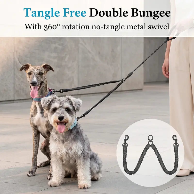 Double Dog Leash, 360° Swivel No Tangle Dual Leash for 2 Dogs, Heavy Duty Shock Absorbing Bungee Leashes with Comfortable Padded Handle & Reflective Stitching for Medium Large Dogs Walking Running Training, Black (25-150 Lbs)