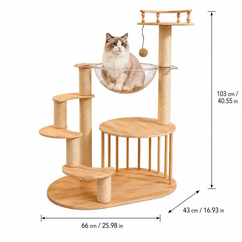 Heybly 43.3In Space-Saving Smoky Gray Cat Tree Condo Tower HCT004SG - Durable Sisal Rope Scratch Post, Padded Perch, Cozy Hammock, Toy-Included Indoor Cat Furniture
