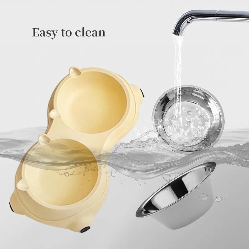 15° Tilted Raised Pet Feeding Set for Cats & Small Dogs, 2 Stainless Steel Containers, Non-Slip, Splash-Proof, Whisker-Friendly, Dishwasher Safe Indoor Recreation Gear