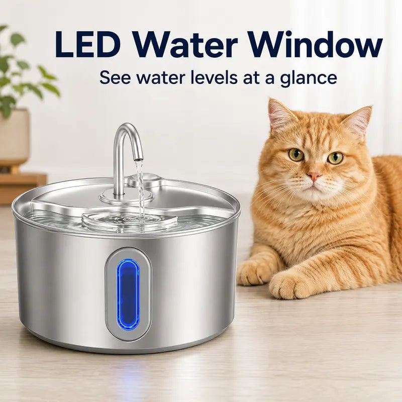 3.2L Stainless Steel Pet Water Fountain for Cats & Dogs - Automatic Hydration Dispenser with LED Level Window, Ultra-Quiet Pump, 12 Filters, 12 Sponge Pads, Modern Home Decor Compatibility