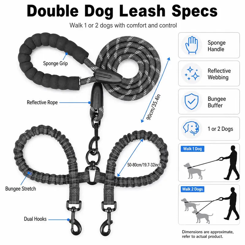 Double Dog Leash, 360° Swivel No Tangle Dual Leash for 2 Dogs, Heavy Duty Shock Absorbing Bungee Leashes with Comfortable Padded Handle & Reflective Stitching for Medium Large Dogs Walking Running Training, Black (25-150 Lbs)