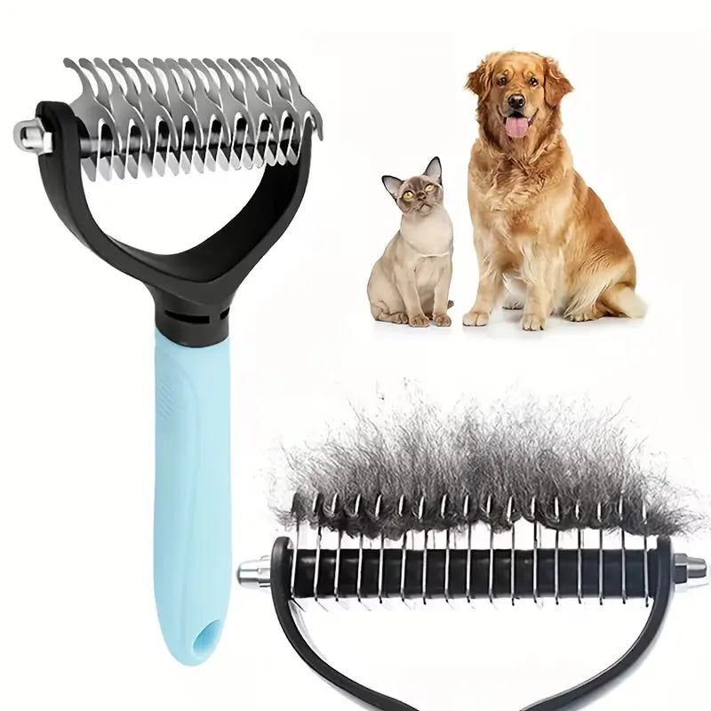 Pet Dematting Rake for Dogs & Cats - Double-Sided Stainless Steel Blades with Dual-Side Teeth, Ergonomic Non-Slip Handle Grooming Tool to Remove Mats, Tangles, Matted Hair & Loose Coat, Easy to Clean