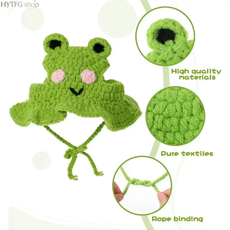 4-Pack Frog-Themed Hand-Knitted Pet Hats, Lightweight Polyester Headwear with Adjustable Strap, Full-Coverage Easy-Wear Warm Accessories for Small Cats (Birthday, Holiday)