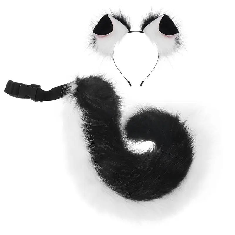 Adult Faux Fur Ears + Tail Set - Handmade Halloween Costume Roleplay Accessory, Adjustable Strap Waist Tail, Casual Soft Hair Headband for Secure Fit Parties