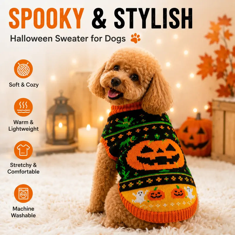 AUROTH Halloween Knitted Pet Sweater for Small/Medium Dogs & Cats, Cozy Fabric Outfit with Pumpkin Print & Ghost Pattern, Warmth Boost Fall Clothing
