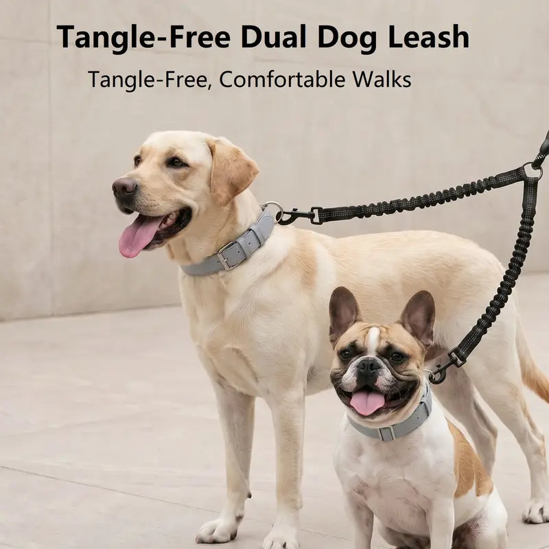 Double Dog Leash, 360° Swivel No Tangle Dual Leash for 2 Dogs, Heavy Duty Shock Absorbing Bungee Leashes with Comfortable Padded Handle & Reflective Stitching for Medium Large Dogs Walking Running Training, Black (25-150 Lbs)