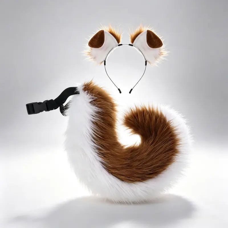 Adult Faux Fur Ears + Tail Set - Handmade Halloween Costume Roleplay Accessory, Adjustable Strap Waist Tail, Casual Soft Hair Headband for Secure Fit Parties