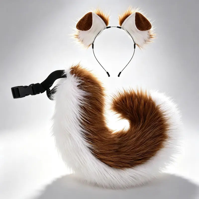 Adult Faux Fur Ears + Tail Set - Handmade Halloween Costume Roleplay Accessory, Adjustable Strap Waist Tail, Casual Soft Hair Headband for Secure Fit Parties