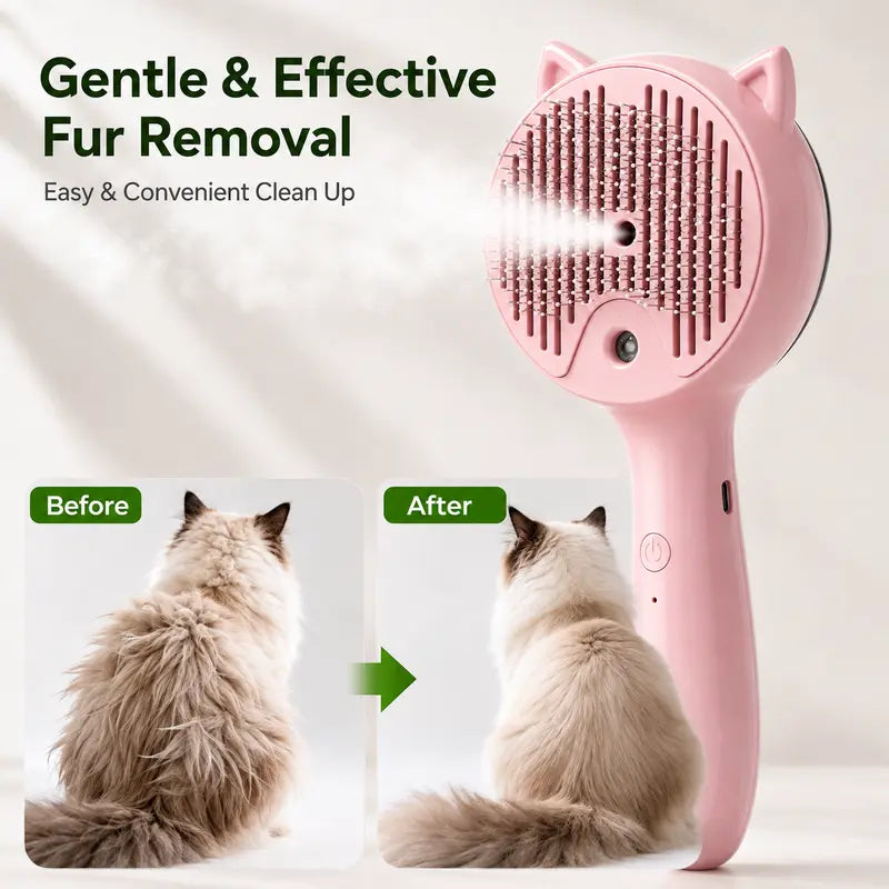Self-Cleaning Cat & Dog Deshedding Brush with Spray Mist, 1-Button Hair Release, Steel Bristles, Pet Grooming Deshedding Tool