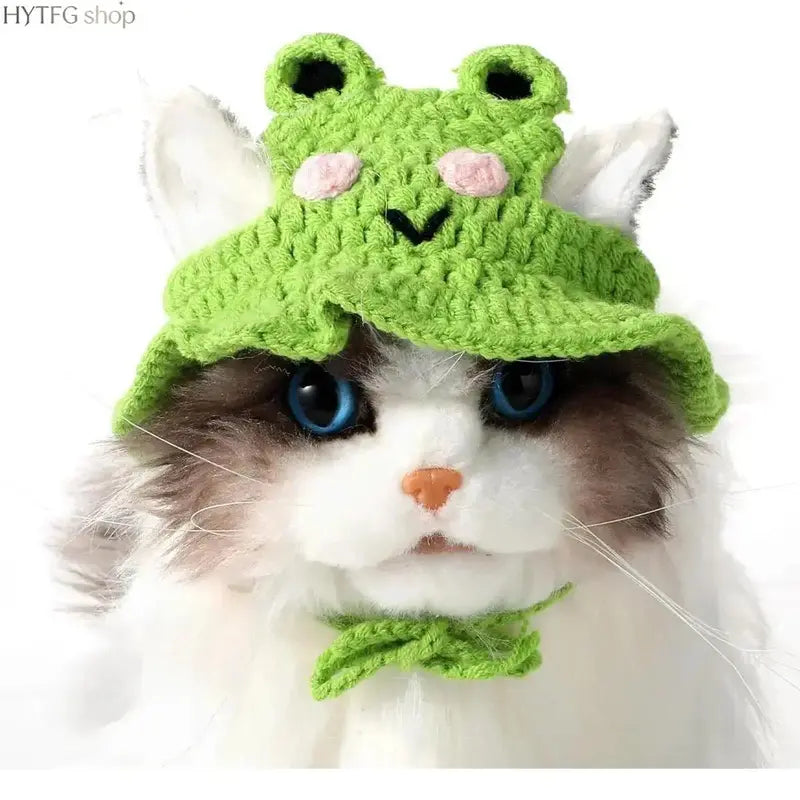 4-Pack Frog-Themed Hand-Knitted Pet Hats, Lightweight Polyester Headwear with Adjustable Strap, Full-Coverage Easy-Wear Warm Accessories for Small Cats (Birthday, Holiday)