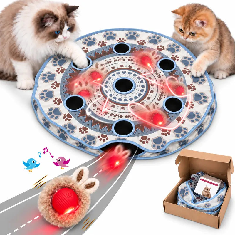 Interactive Cat Toy Set for Kittens&Adults - 7-Hole Play Mat with Smart Touch-Activated 3-Speed Moving Ball, Chirping Feature, Pouch Storage & USB Rechargeable Design for Bored Indoor Cats