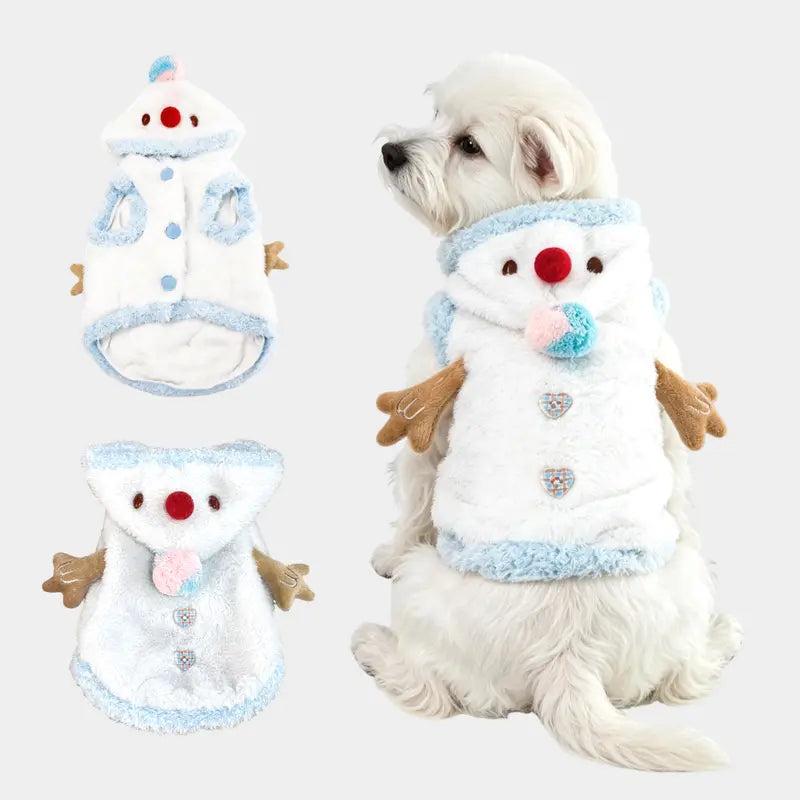 Snowman Christmas Pet Costume - Soft Warm Plush Hooded Outfit with D-Ring Leash Hole for Small/Medium Dogs & Cats, Winter Holiday Apparel