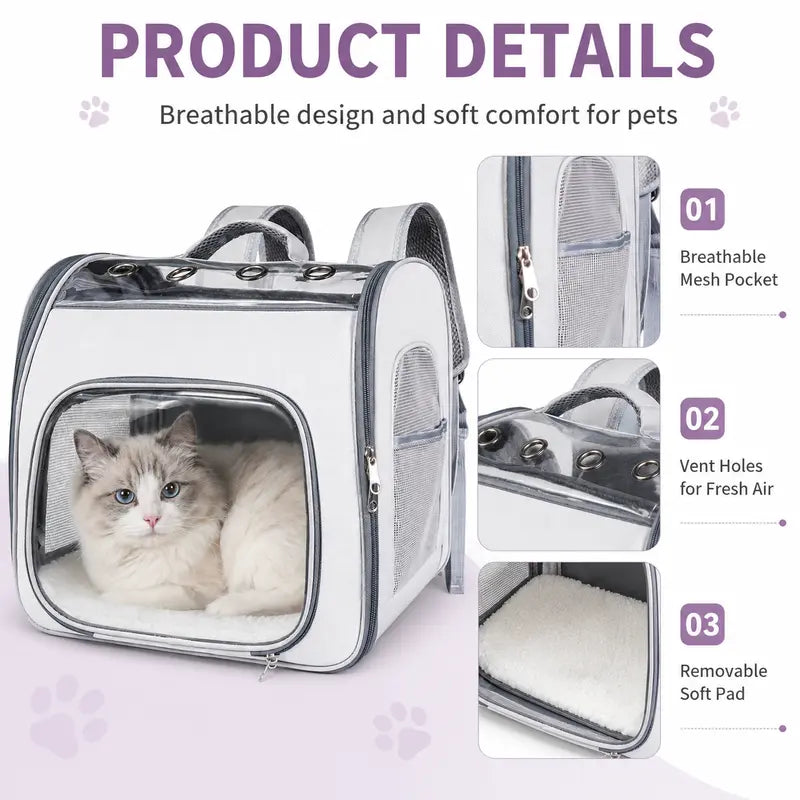 EGFSK Breathable Mesh Cat Carrier Backpack Set Pack, Pet Travel Carrier with Adjustable Harness-Leash, Airflow Vents, Easy Access Dual Zips, Removable Pad for Cats & Small Dogs up to 12 Lbs, Gray