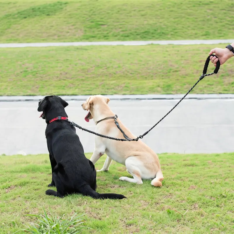 Double Dog Leash, 360° Swivel No Tangle Dual Leash for 2 Dogs, Heavy Duty Shock Absorbing Bungee Leashes with Comfortable Padded Handle & Reflective Stitching for Medium Large Dogs Walking Running Training, Black (25-150 Lbs)