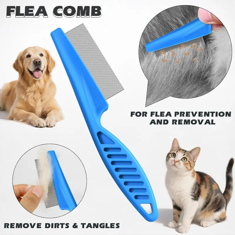 3-Piece Stainless Steel Grooming Comb Set for Dogs and Cats - Ergonomic Non-Slip Handle, Undercoat Rake, Fine-Toothed Face Comb, and Easy Detangling Brush for All Breeds