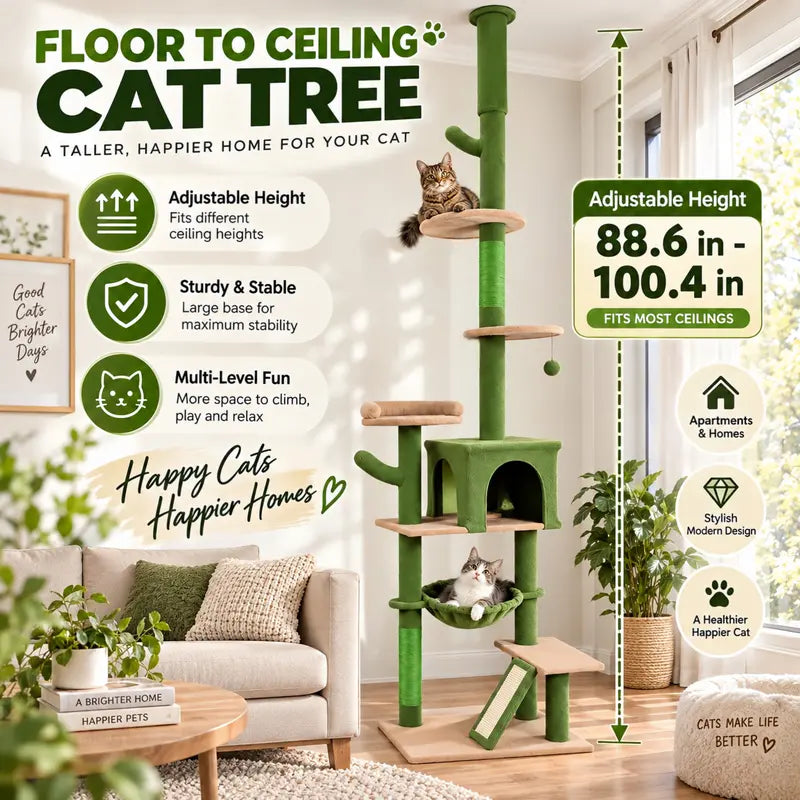 Heybly 43.3In Space-Saving Smoky Gray Cat Tree Condo Tower HCT004SG - Durable Sisal Rope Scratch Post, Padded Perch, Cozy Hammock, Toy-Included Indoor Cat Furniture