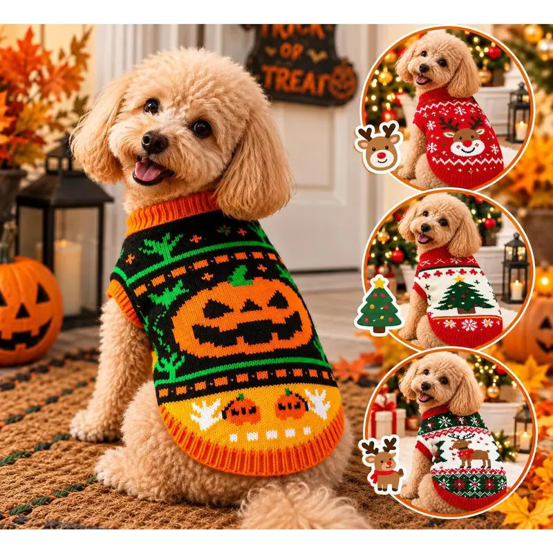 AUROTH Halloween Knitted Pet Sweater for Small/Medium Dogs & Cats, Cozy Fabric Outfit with Pumpkin Print & Ghost Pattern, Warmth Boost Fall Clothing
