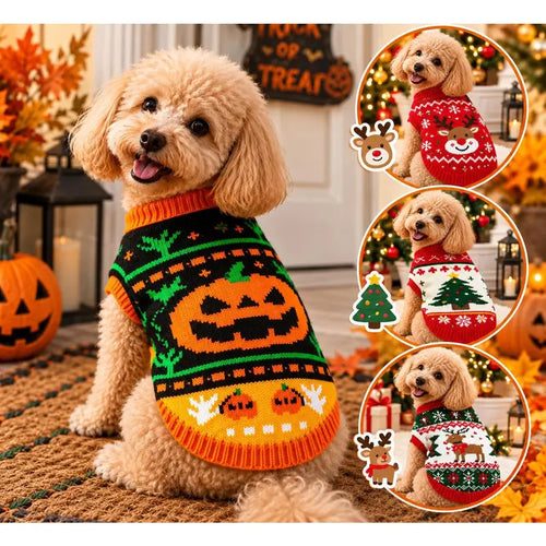 AUROTH Halloween Knitted Pet Sweater for Small/Medium Dogs & Cats, Cozy Fabric Outfit with Pumpkin Print & Ghost Pattern, Warmth Boost Fall Clothing
