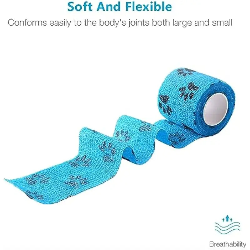 Pet Wrap, Self-Adhesive, Only Sticks to Itself, Non-Woven Tape for Dog Legs, Paws, Wounds, First Aid Cohesive Gauze for Horse, Cat, Bird, Animal, 6 Rolls, 2 Inch, Pawprints A