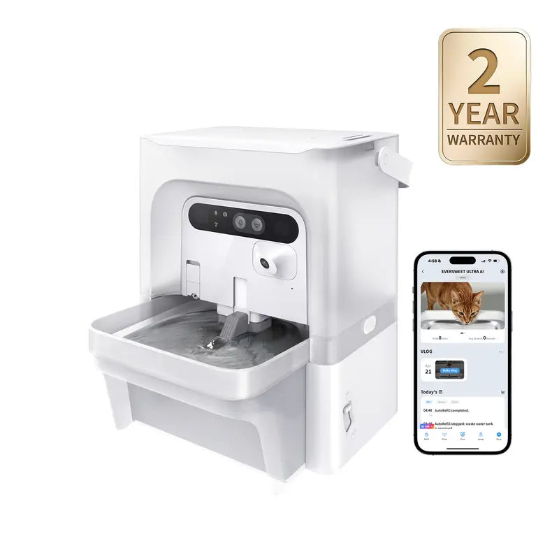 PETKIT Eversweet Ultra AI Camera Pet Water Fountain - 5L/169Fl Oz Filter-Free Automatic Fountain with 140° Wide-Angle Lens, 5G Wifi, App Control, Wastewater Separation, End-To-End Encrypted, Spring Flow, Cubes, Abs+Steel, Hydration Track for Pet