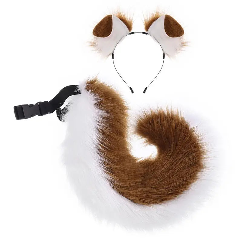 Adult Faux Fur Ears + Tail Set - Handmade Halloween Costume Roleplay Accessory, Adjustable Strap Waist Tail, Casual Soft Hair Headband for Secure Fit Parties