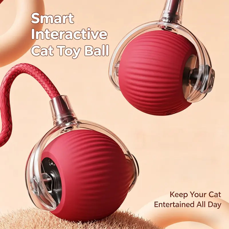 Interactive Usb-Rechargeable Smart Rolling String Cat Toy Ball - Light-Up, Quiet Adjustable Mode, Bite-Wear Resistant, Shatterproof, Non-Toxic, Replaceable Wavy-Texture Shell, 8-Color Indoor Kitten Hunting Toy with Bird Sound Automatic Moving
