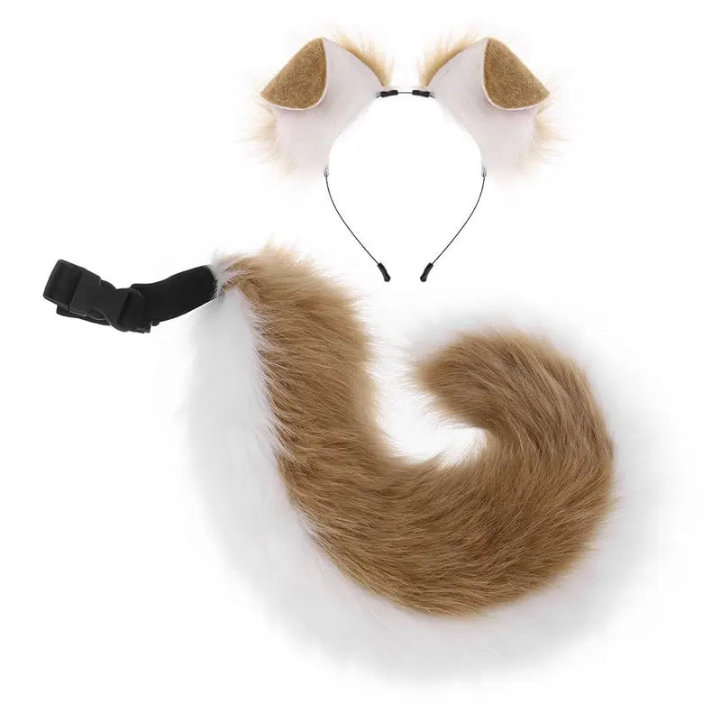 Adult Faux Fur Ears + Tail Set - Handmade Halloween Costume Roleplay Accessory, Adjustable Strap Waist Tail, Casual Soft Hair Headband for Secure Fit Parties