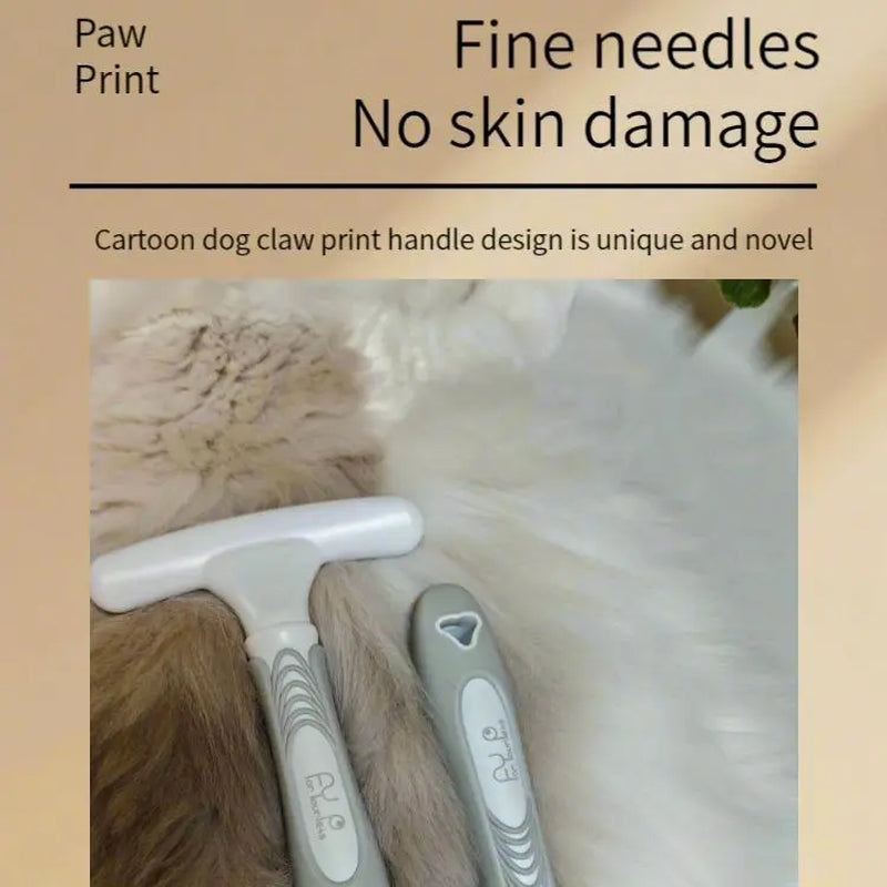 Rubber Slicker Brush for Dogs & Cats - Self-Cleaning Fine Needle Grooming Tool with Paw Print Cartoon Handle, Ergo Grip, Universal Fit for Floating Hair Shedding, Tangles, Thinning (Pet Hair Care Supplies)
